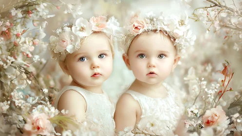 Twin Cherubs Crowned in Blooms Within Ethereal Garden
