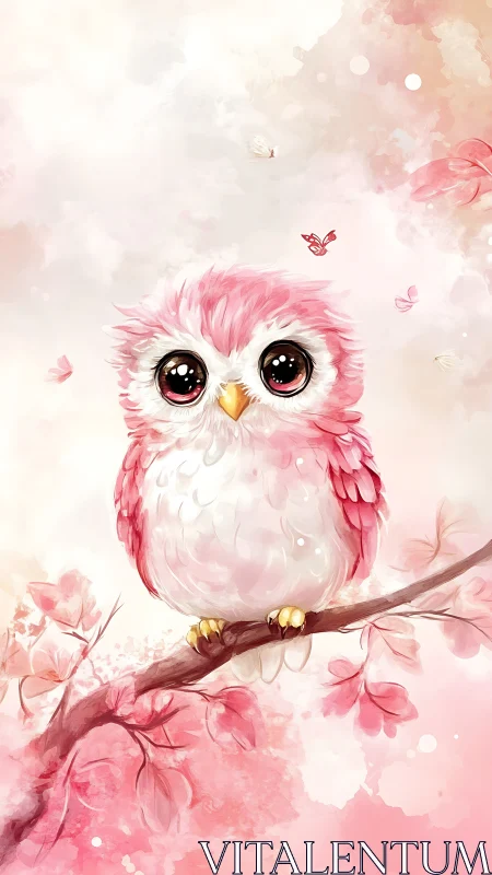 Chromatic owl study on pastel sakura branch in bloom.