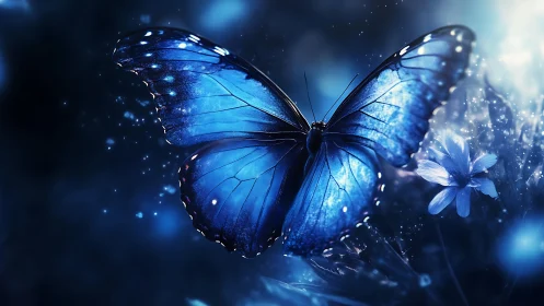 Bioluminescent blue butterfly in nocturnal macro closeup flight