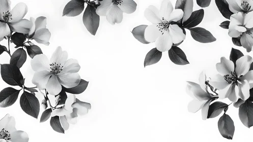 Monochrome Florals with Black Leaves Against White Space