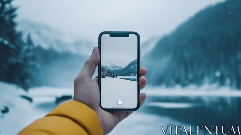 Winter's Frame Captured: Phone Holds Snowy Mountain Lake