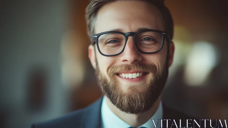 Bearded man in glasses in softly blurred indoor setting.
