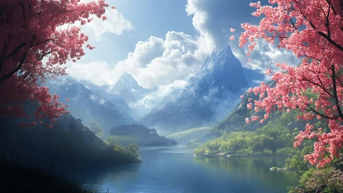 Glacial valley lake framed by saturated cherry blossoms.