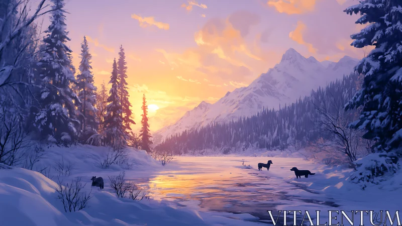 Golden hour sunrise over frozen alpine river with dogs