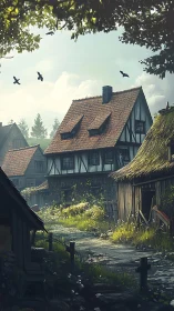 Morning light tiptoes through a sleepy medieval village lane