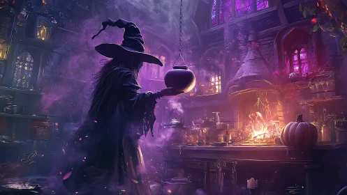 Solitary witch brews glowing potion inside misty arcane kitchen