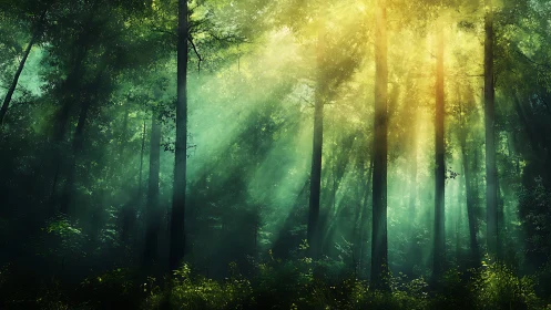 Luminous woodland cathedral with god rays penetrating evergreen canopy