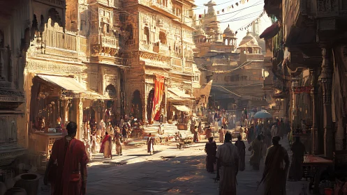 Sunlit sandstone bazaar with dense architectural layering.