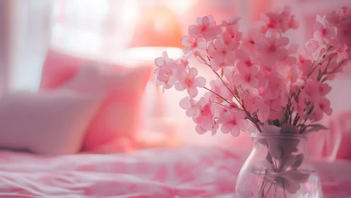 Glass vase holds pink blossoms on bed in soft focus room