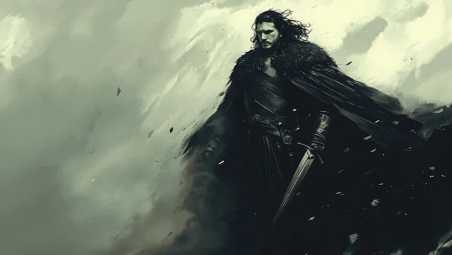 Storm-swept warrior in black leather armor strides through swirling mist