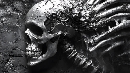 Metallic biomechanical skull merges with fused ribcage wall