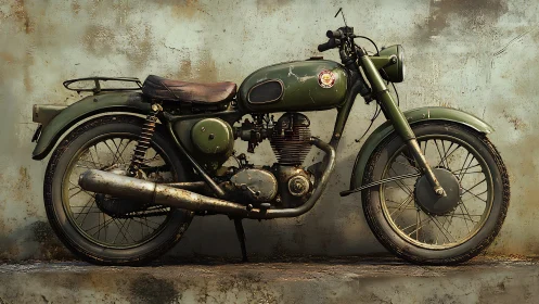 Weathered olive green vintage single-cylinder motorcycle profile