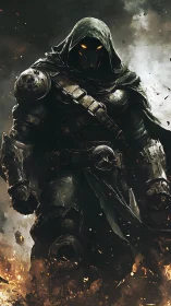 Hooded armored warlord strides through infernal battlefield.