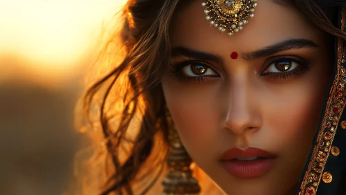 Golden hour gaze with jeweled tradition and quiet fire.