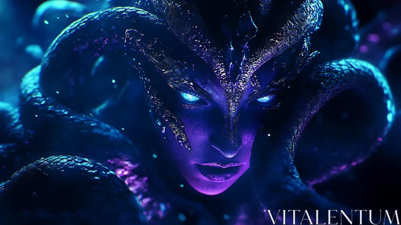 Abyssborn serpent queen glaring through neon twilight.