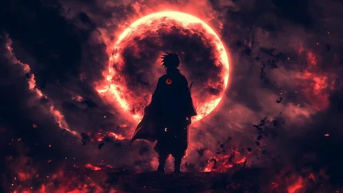 Anime silhouette before apocalyptic crimson eclipse skyscape.