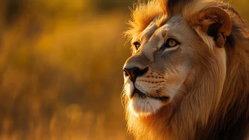 Majestic lion gazes into warm golden savanna light.