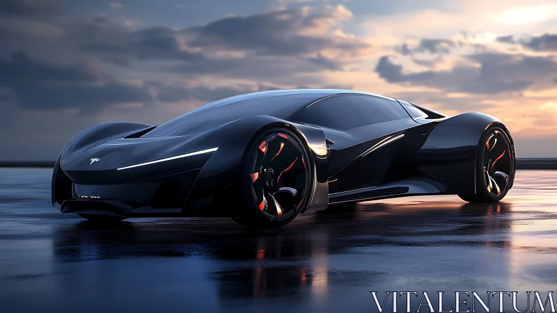 Aerodynamic black EV hypercar rendered in reflective sunset lighting