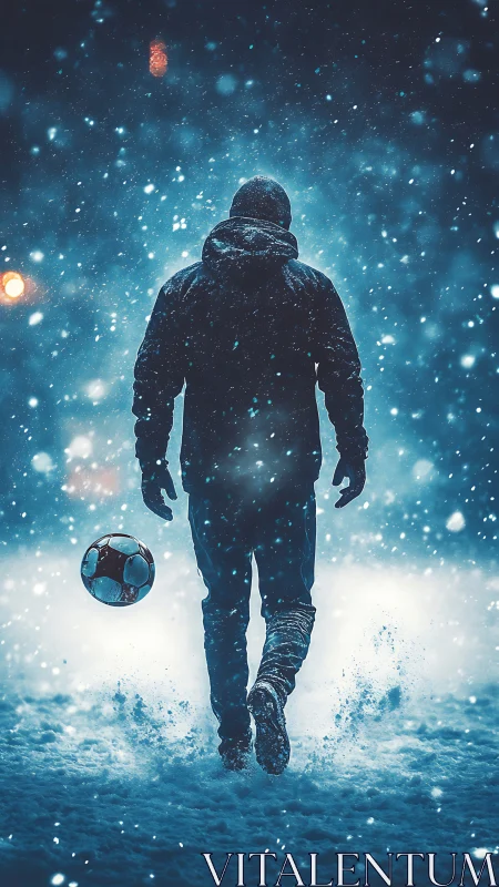 Solitary hooded figure with soccer ball in dense winter snow.