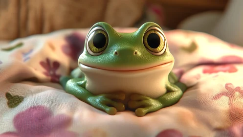Soft-lit stylized green frog resting on floral fabric cushion.