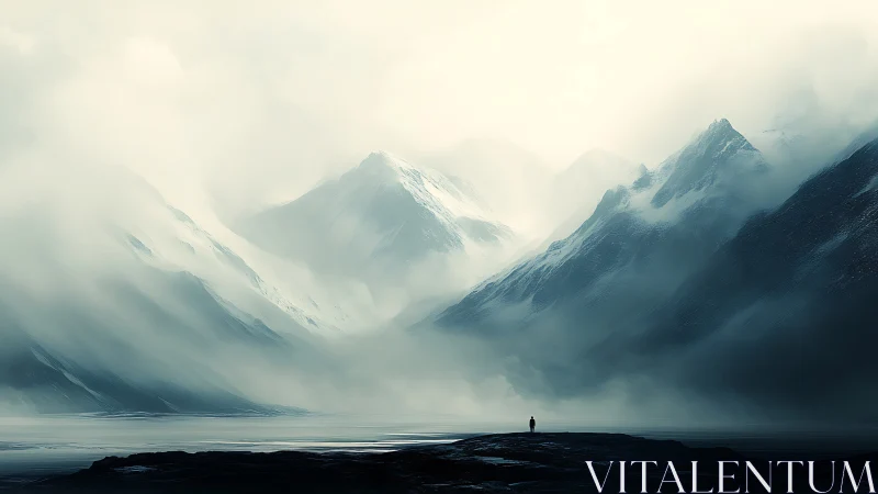 Solitary dreamer before ethereal mist-shrouded mountains.