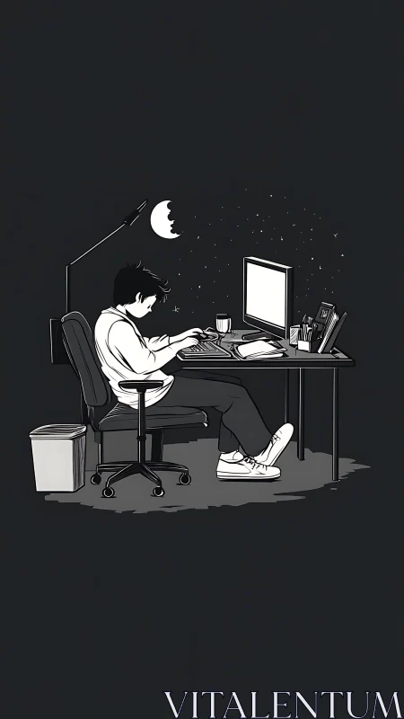 Monochrome illustration shows lone desk worker at computer