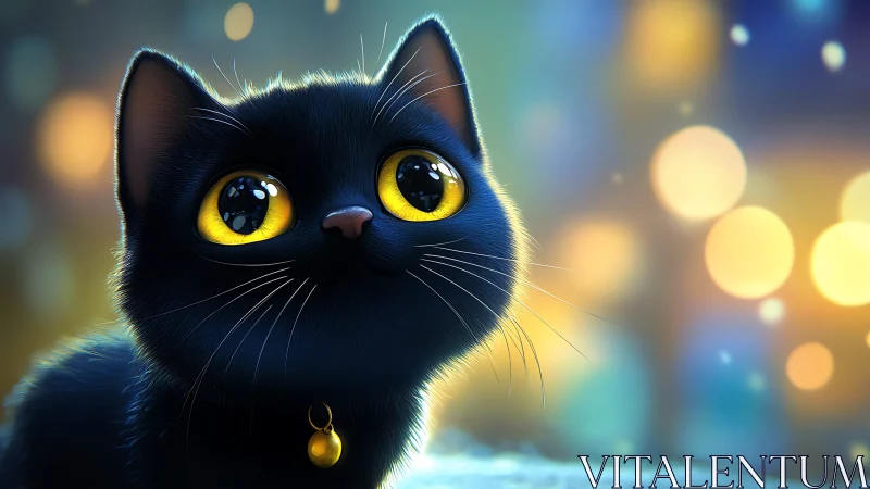 Black Cat with Luminous Yellow Eyes Against Bokeh Background.