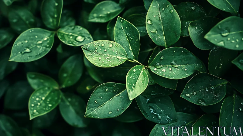 Wet green leaves display water droplets across dark foliage