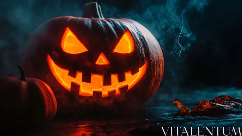 Jack-o-lantern glows through dense blue smoke and darkness.