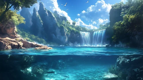 Tropical twin waterfalls cascade into a clear, bifurcated lagoon