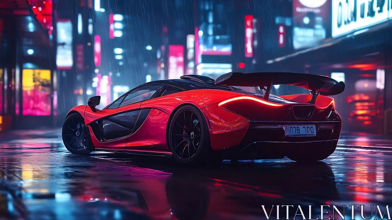 Neon-soaked supercar prowls a rain-slicked cybercity night.