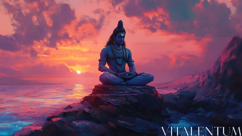 Blue-skinned figure meditates on coastal rock at sunset