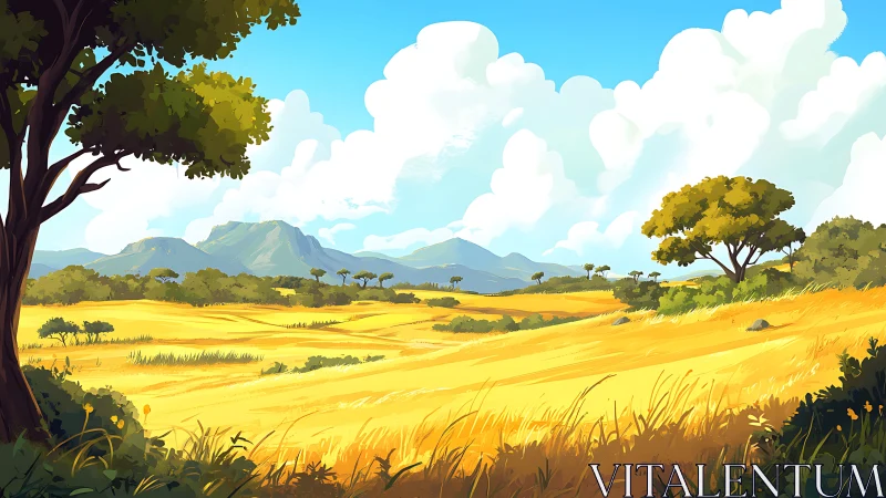 Golden savanna daydream under bright open skies.