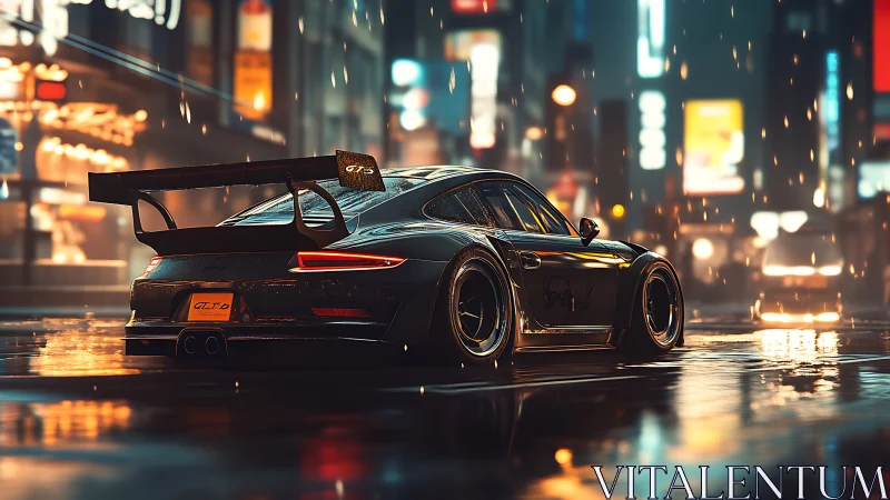 Sleek sports car glowing in a rainy neon city nightscape.
