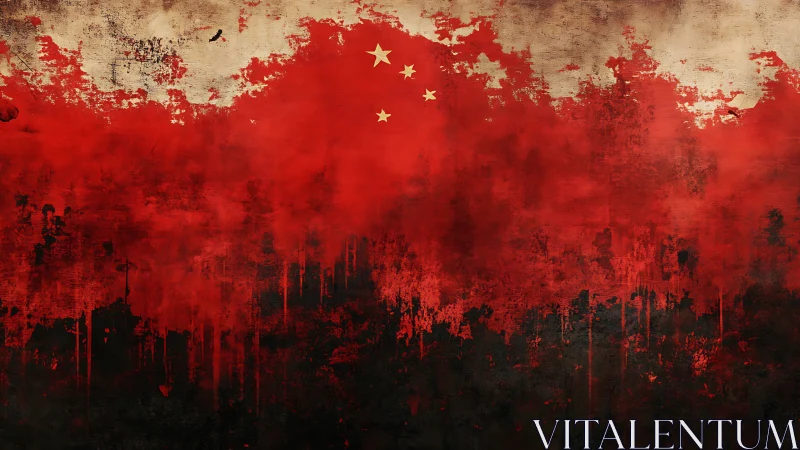 Weathered red flag art with golden stars and bold textures.