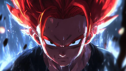 Fiery anime warrior glares forward amid crackling storm energy