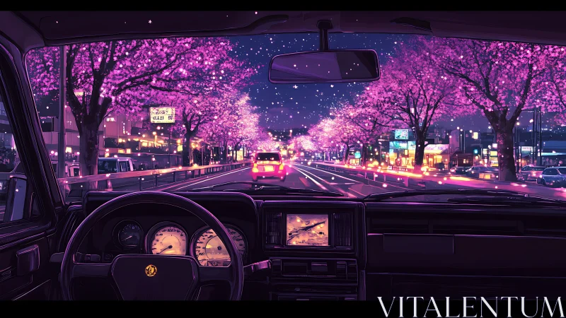Nighttime drive glows beneath neon-lit cherry blossoms