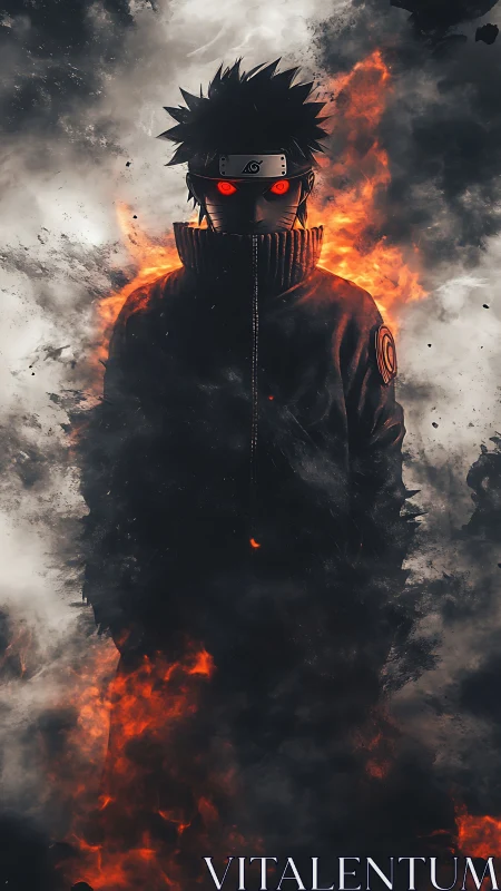 Silhouetted ninja stands in front of dense flames and smoke