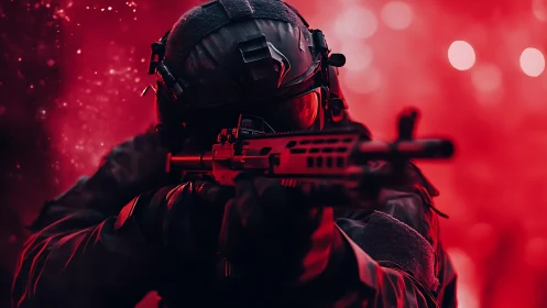 Tactical operator aiming carbine in red cinematic backlight