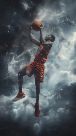 Aerodynamic basketball ascent through turbulent cloud vortex.