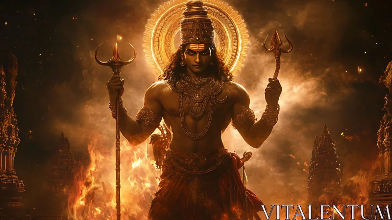 Mythic warrior deity in flaming temple ruins with trident symmetry