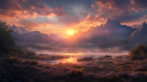 Sunset light ignites misty alpine lake between rugged peaks