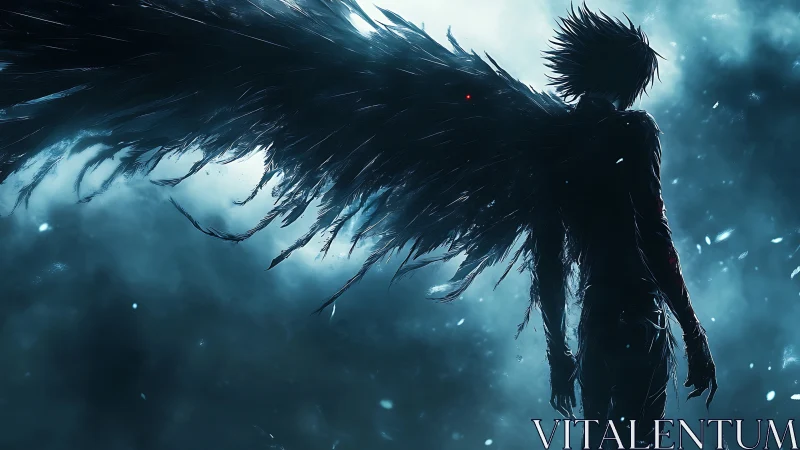 Dark-winged fallen angel silhouette in stormlit blue haze.