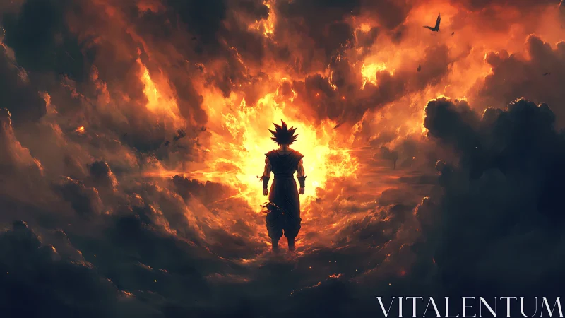 Stormwalker in ember clouds confronts a blazing horizon.