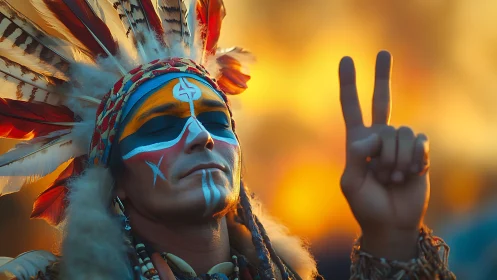 Portrait of feathered headdress wearer with peace gesture at sunset