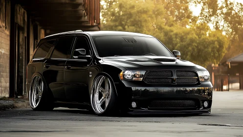 Blacked-out Dodge wagon lowers stance beside weathered warehouse.