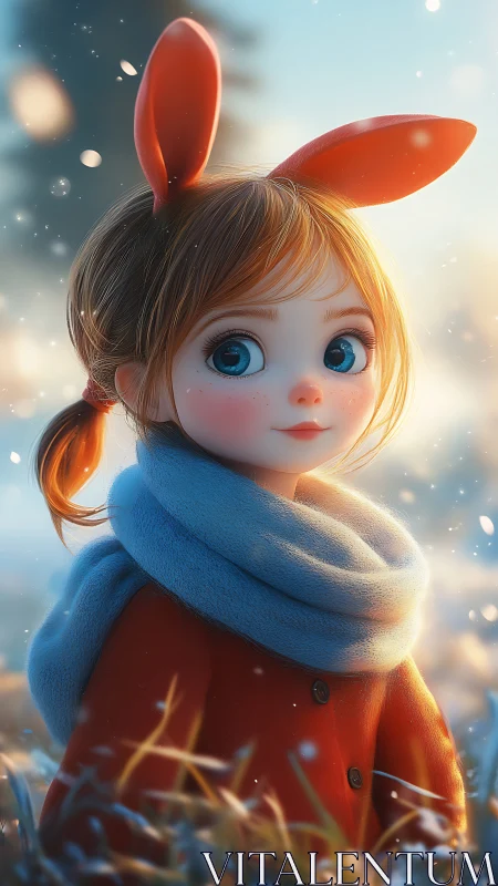 Winter morning magic as a bunny-eared girl smiles softly