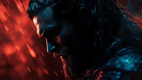 Intense bearded man in rain under red and blue light.