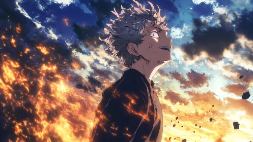 Anime boy stands in flames against dramatic glowing sky