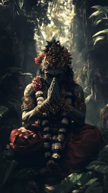 Sacred forest meditation with a serene garlanded figure.